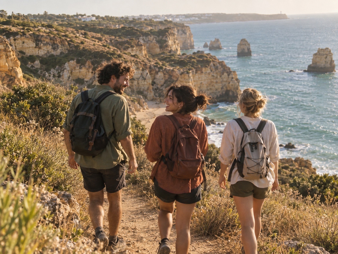 Friends walking along the coast