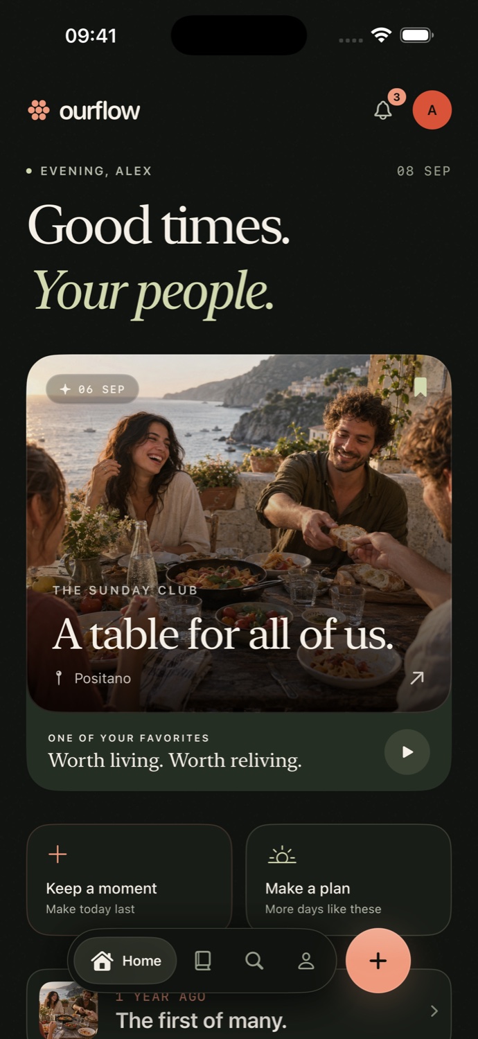 OurFlow home screen with shared memories and crews