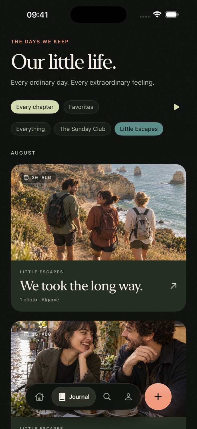 OurFlow Journal, with memories organized by day and crew