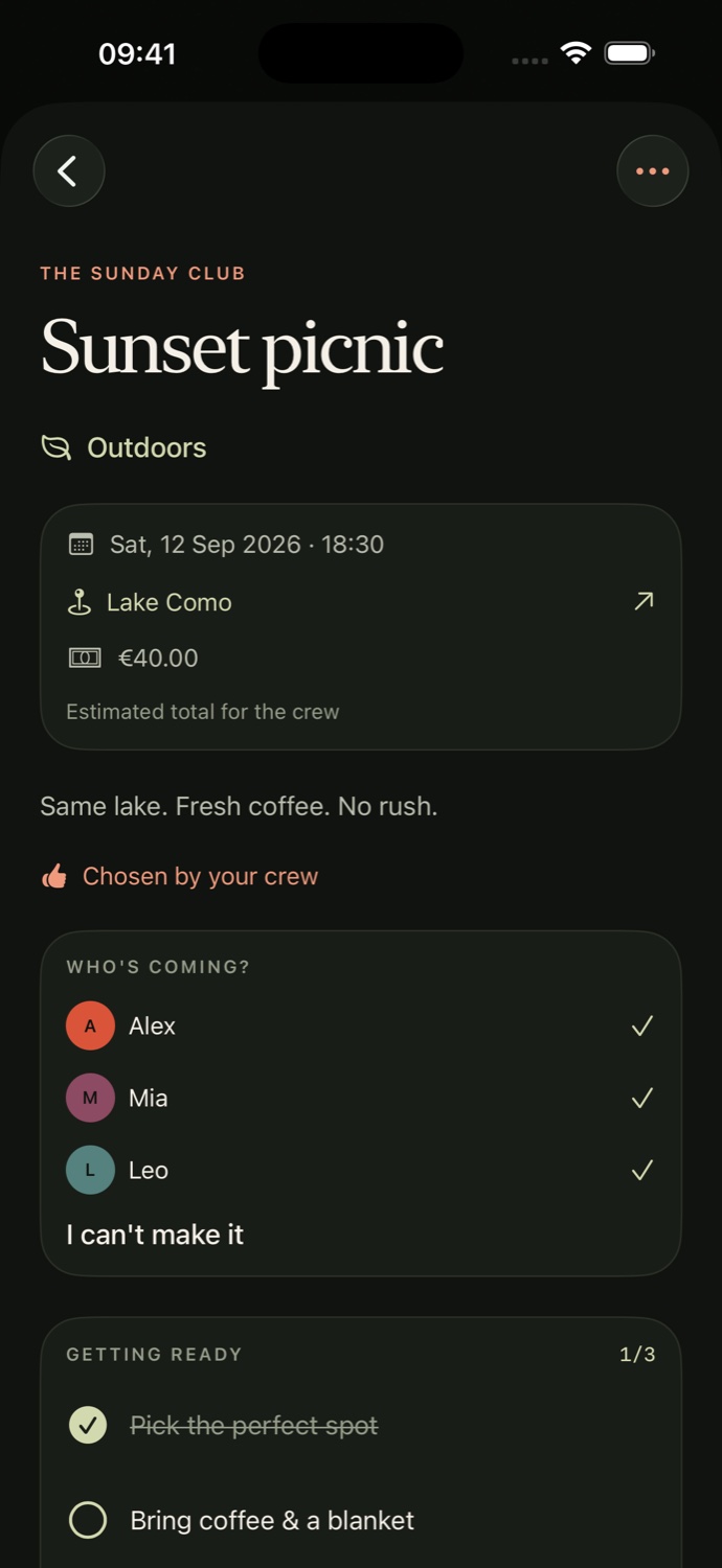 A shared sunset picnic plan with a date, location and checklist